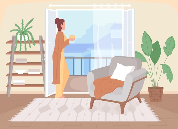 Coffee break at home flat color vector illustration. Drinkig warm tea in living room. Hygge lifestyle. Woman looking out of the window 2D cartoon character with interior on background