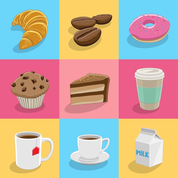 Coffee and Breakfast Icons on Colorful Backgrounds Vector Illustration