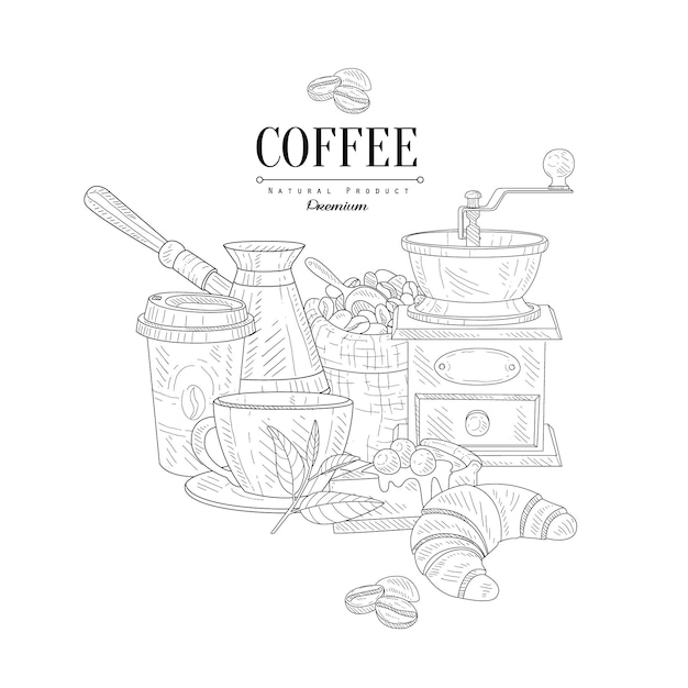 Coffee Breakfast Still Life Hand Drawn Realistic Sketch