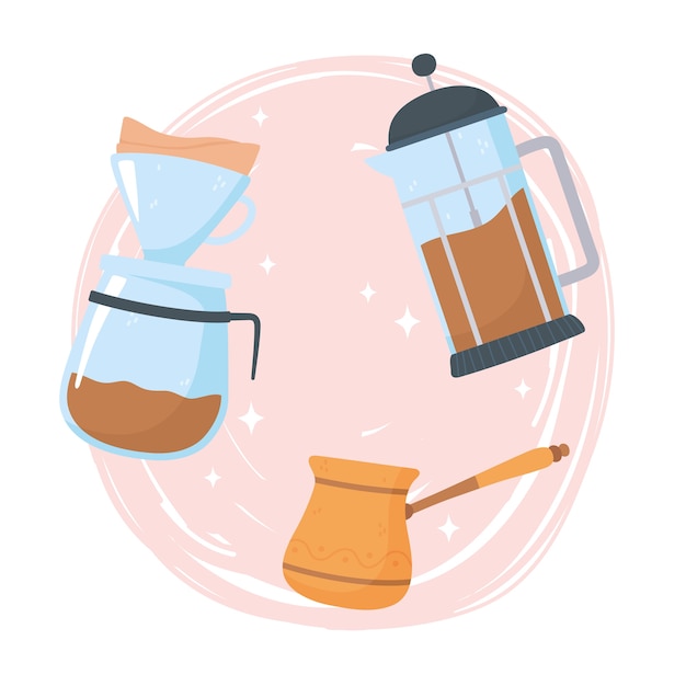 Vector coffee brewing methods, alternative of different way, french press turkish and drip illustration