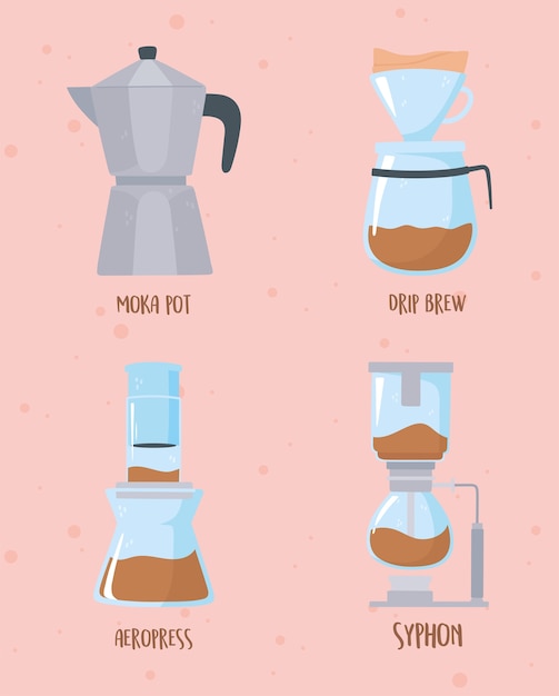 Coffee brewing methods, collection moka pot drip brew aeropress and syphon illustration