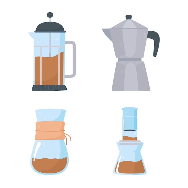 Coffee brewing methods, french press, moka pot, chemex icons set