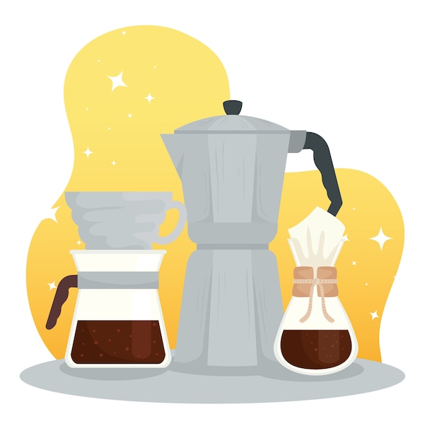 Vector coffee brewing methods, moka pot, chemex and pour over  design