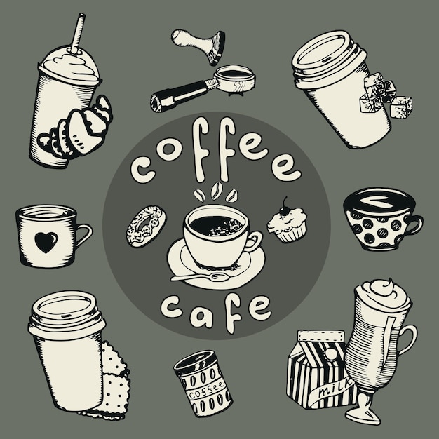 Coffee cafe vector doodle illustrations Cafe elements set