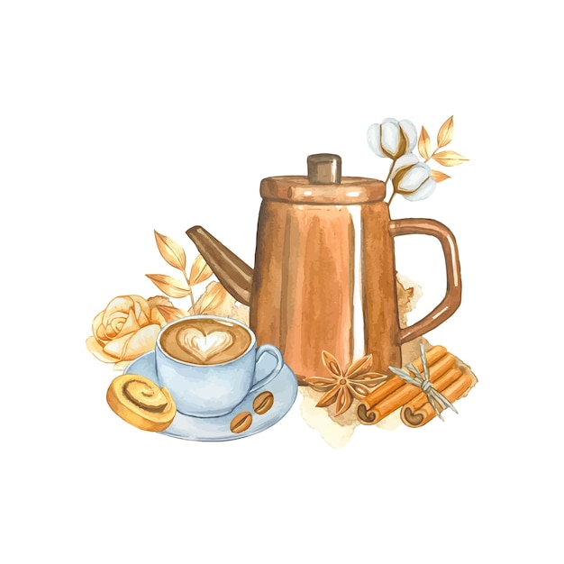 Coffee composition in watercolor