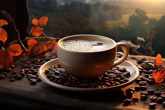 coffee cup and beans cinnamon sticks nuts and chocolate on wooden table on brown background