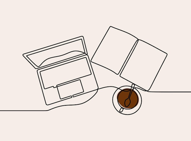 Coffee cup book and laptop oneline continuous single editable line art