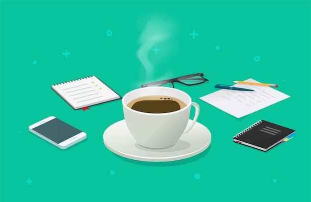 Coffee cup break on working desk business table isometric cartoon, breakfast idea