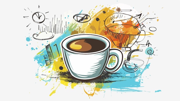 Vector coffee cup and business strategy sketches on color background