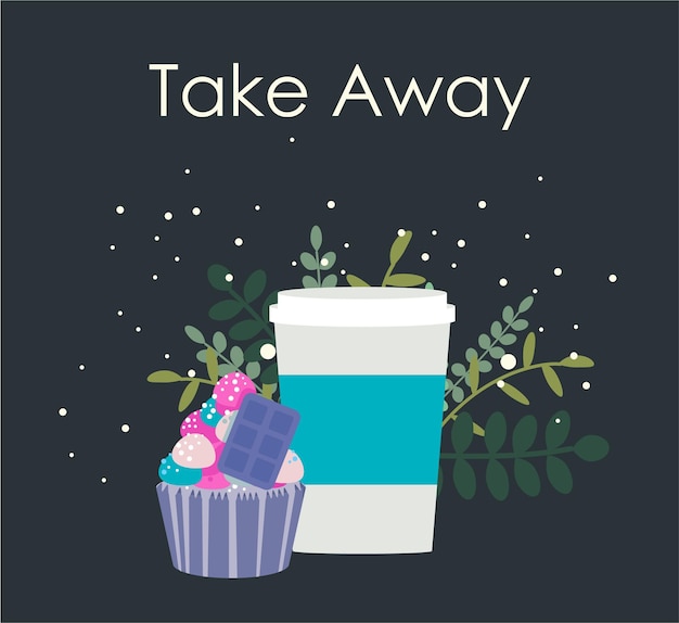 Coffee cup and cake for take away Hot drink and sweets Vector illustration for web banner