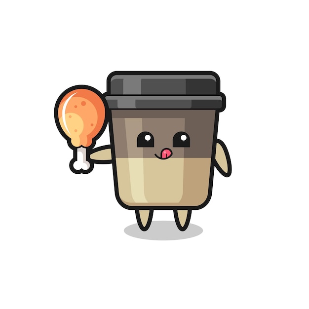 Coffee cup cute mascot is eating a fried chicken