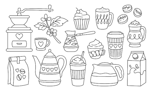 Coffee cup drink beans cezve pot linear set espresso mug muffin kettle latte cups to go doodle menu