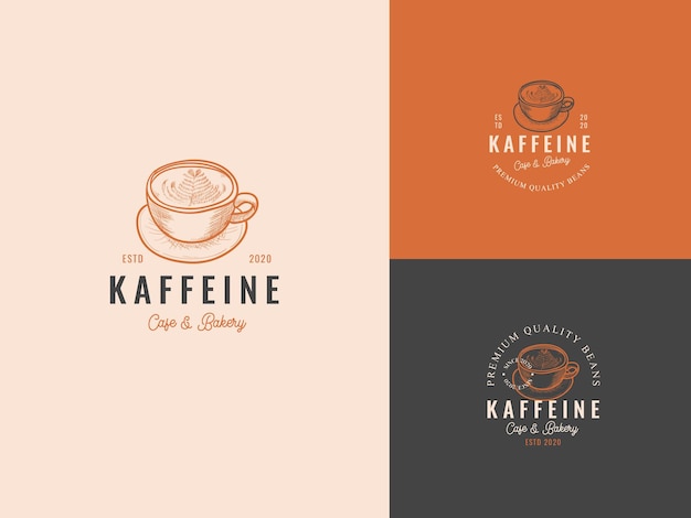 Coffee cup Hand Draw Logo Template with Premium Vintage Typography