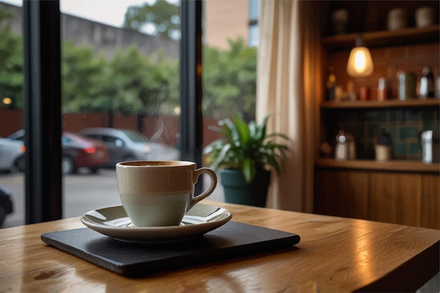 a coffee cup is on a tray on a table