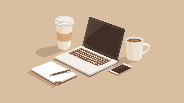 Vector a coffee cup and a laptop on a table with coffee and a pen