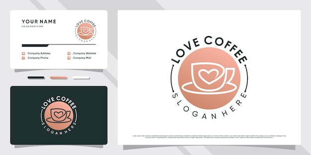 Coffee cup logo design illustration for coffee lovers with heart element and business card template