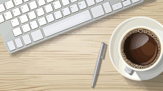 Vector coffee cup notepad keyboard on wooden table workspace