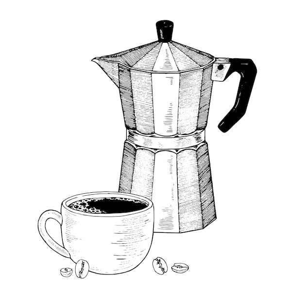 Vector coffee cup and pot vector hand drawn illustration espresso in mug sketch drawing black line art