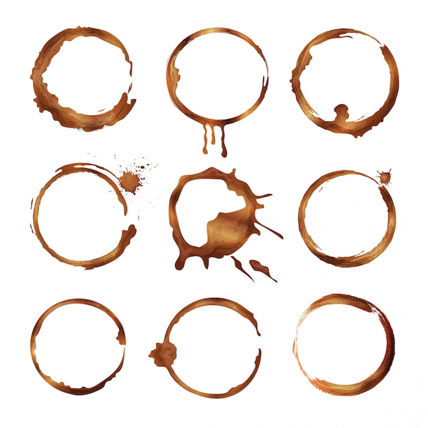 Coffee cup rings set. Dirty splashes and drops of tea or coffee vector circle shapes