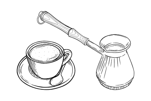 Coffee cup with cappuccino and turkish pot Sketch set of coffee mug and pot Vector illustration