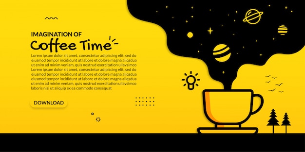 Coffee cup with imagination of space on yellow background