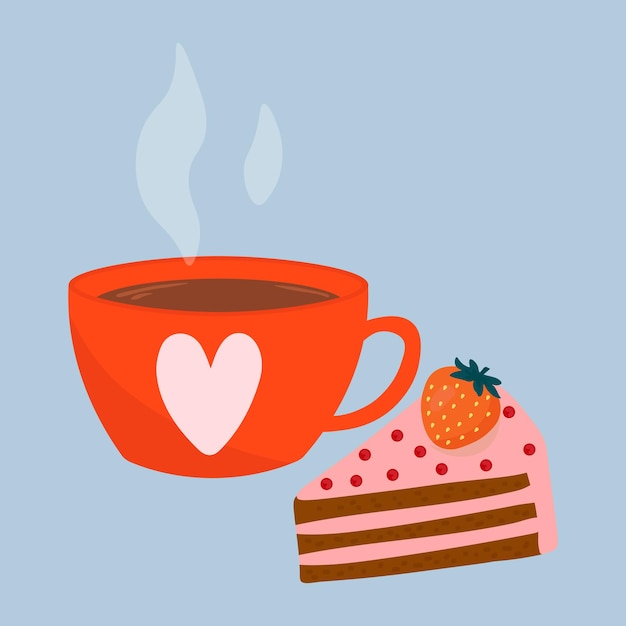 Coffee cup with sweet piece of cake. Hot drink isolated on blue background.