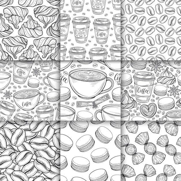 Coffee cups beans mugs macaroons seamless pattern set Vector background hand drawn in lines