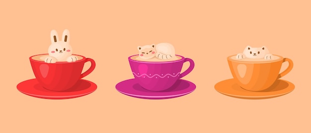 Coffee cups of foam milk in 3D latte art cat and bunny shape