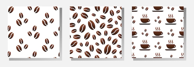 Coffee cups and roasted coffee beans on white background Vector seamless patterns collection