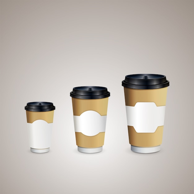 coffee cups with brown holder to go. Cups of different size.