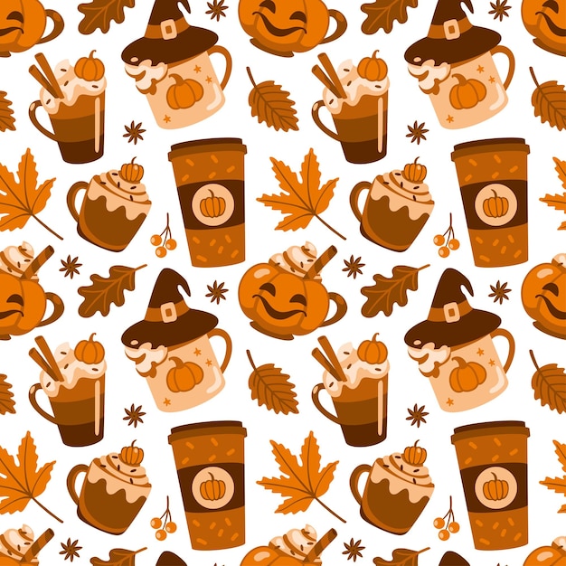 Coffee of different type. Cozy print. Autumn mood. Seamless pattern. Vector.