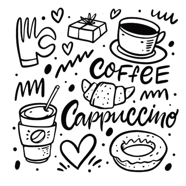 Coffee doodle style hand drawn black color outline vector illustration.