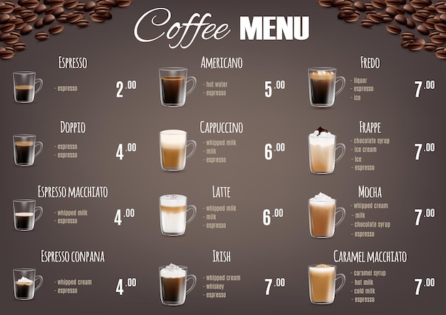 Vector coffee drinks menu price list vector template