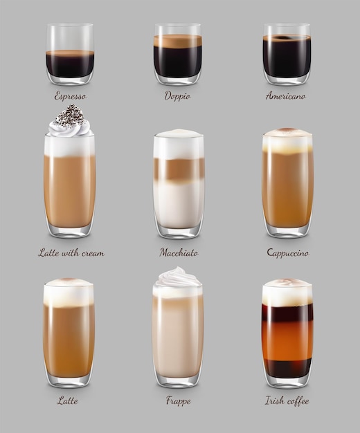 Vector coffee drinks realistic set with latte and cappuccino isolated vector illustration