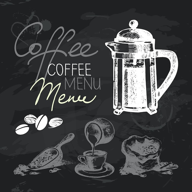 Coffee hand drawn chalkboard design set. Black chalk texture