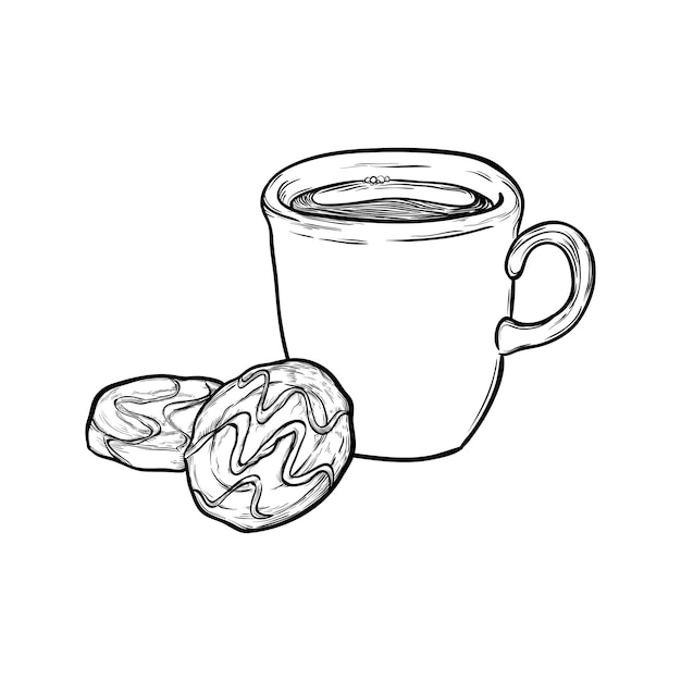 Coffee hot chocolate tea and cookies isolated on white background Hand drawn vector illustration