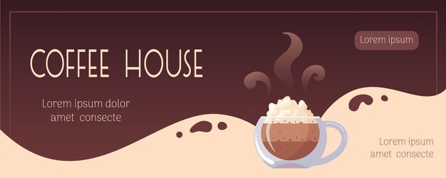 Coffee house Horizontal banner with a glass mug of multilayered hot cappuccino whipped cream