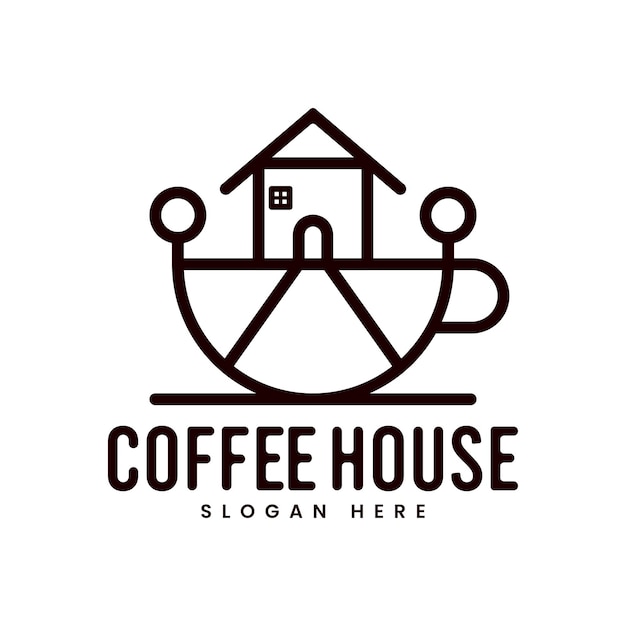 coffee house logo house line design and a cup of coffee Vector line art icon template