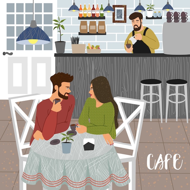 Coffee house with man and woman and barista 