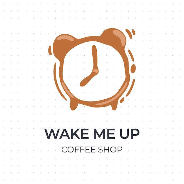 Coffee label logo Mug stain shaped like alarm clock Wake up caffeine concept Vector illustration