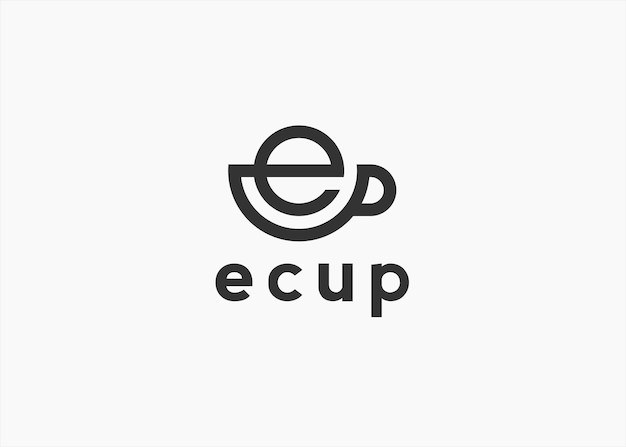 coffee logo with initial letter e and coffee cup silhouette vector illustration on white background