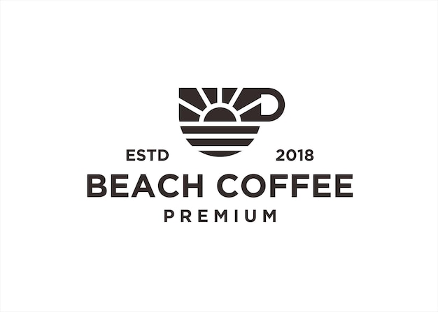 coffee logo with sunrise and sea water beach in modern vector icon template