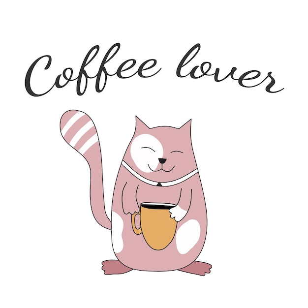 Coffee lover concept. Print with cat holding cup of coffee