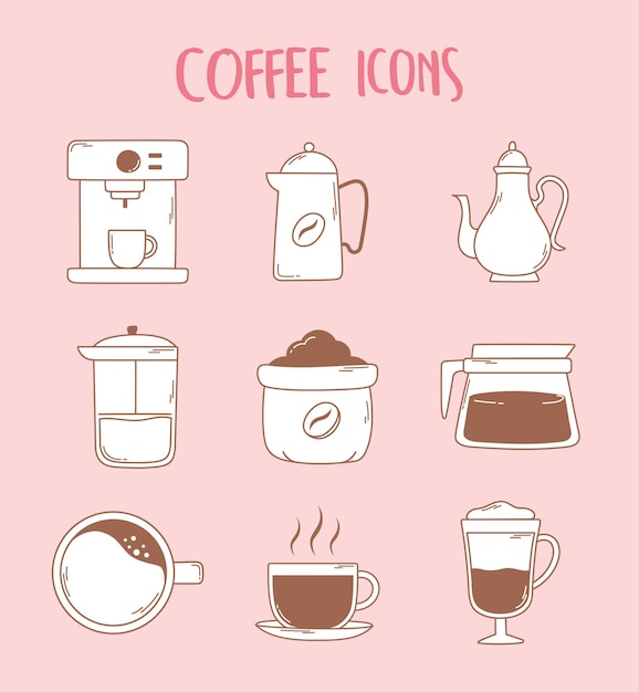 Coffee machine espresso cup french press teapot and cup icons in brown line