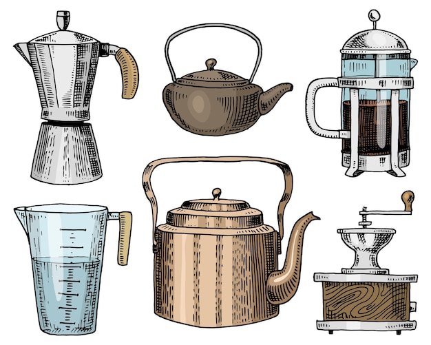 Coffee maker or grinder french press measuring capacity Chinese teapot or kettle Chef and kitchen utensils cooking stuff for menu decoration engraved hand drawn in old sketch vintage style