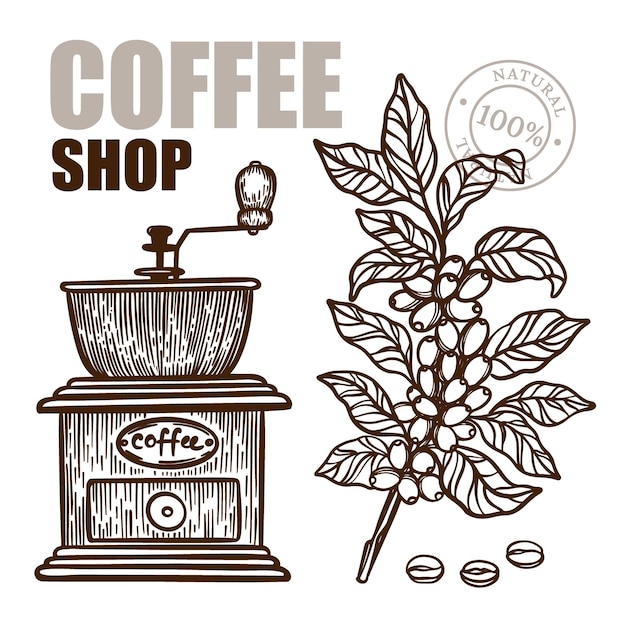 coffee mill and coffee branch design of stickers and labels for shop of dessert drink products