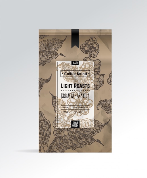 Vector coffee pack with label and hand drawn sketch of coffee branches and beans. 