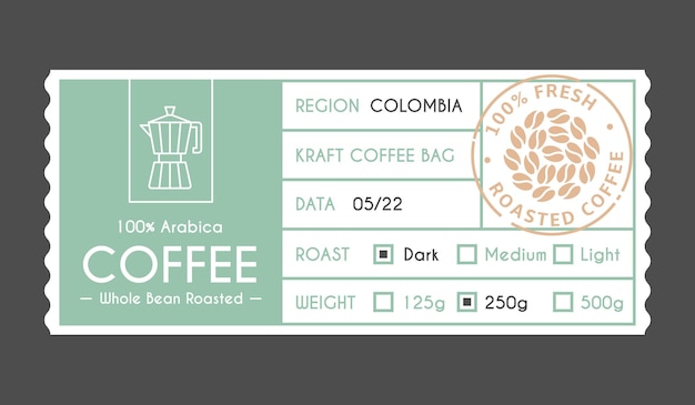 Coffee packaging sticker Geometric label template minimal design tag with beans and coffee maker Tidy vintage arabica package vector info banner or label coffee sticker for packaging illustration