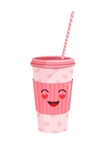 Coffee paper cup with cute face Vector illustration of a plastic cup with a straw Valentines Day