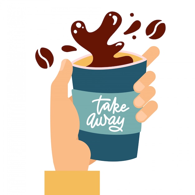 Coffee paper cup with drops and splash in male hand , coffee splash from paper cup isolated on white background, Flat  illustration with hand drawn lettering - Take away